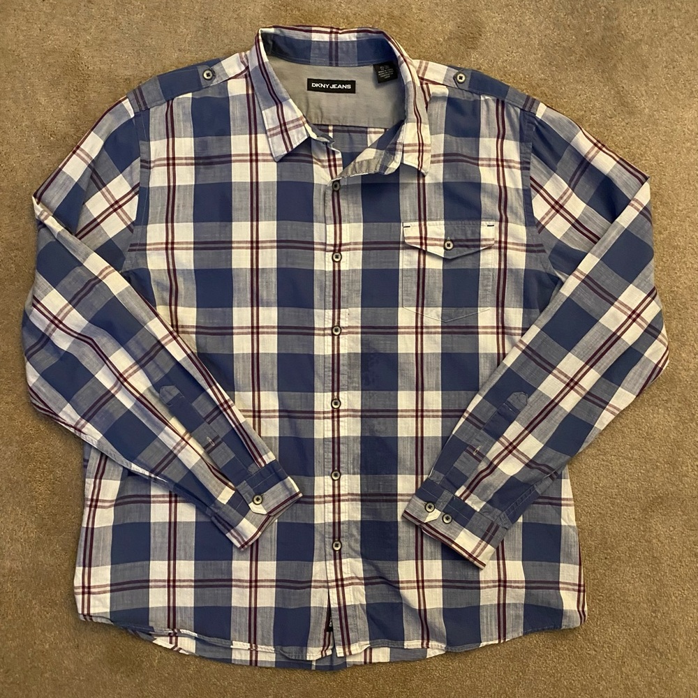 Men’s DKNY Jeans Blue Plaid Long Sleeve Button Down Shirt XXL